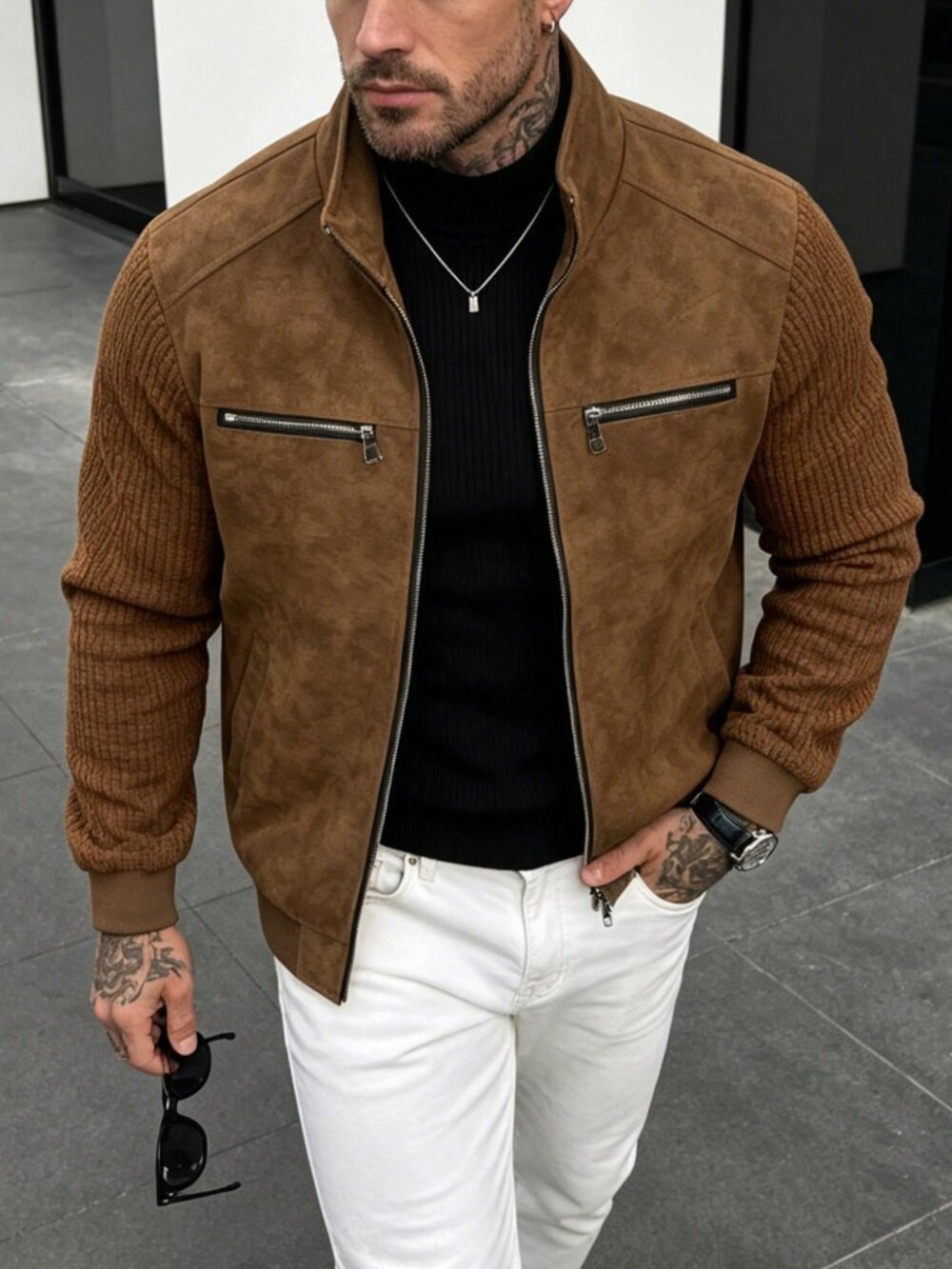 Brown Casual Men's Patchwork Knit Biker Jacket